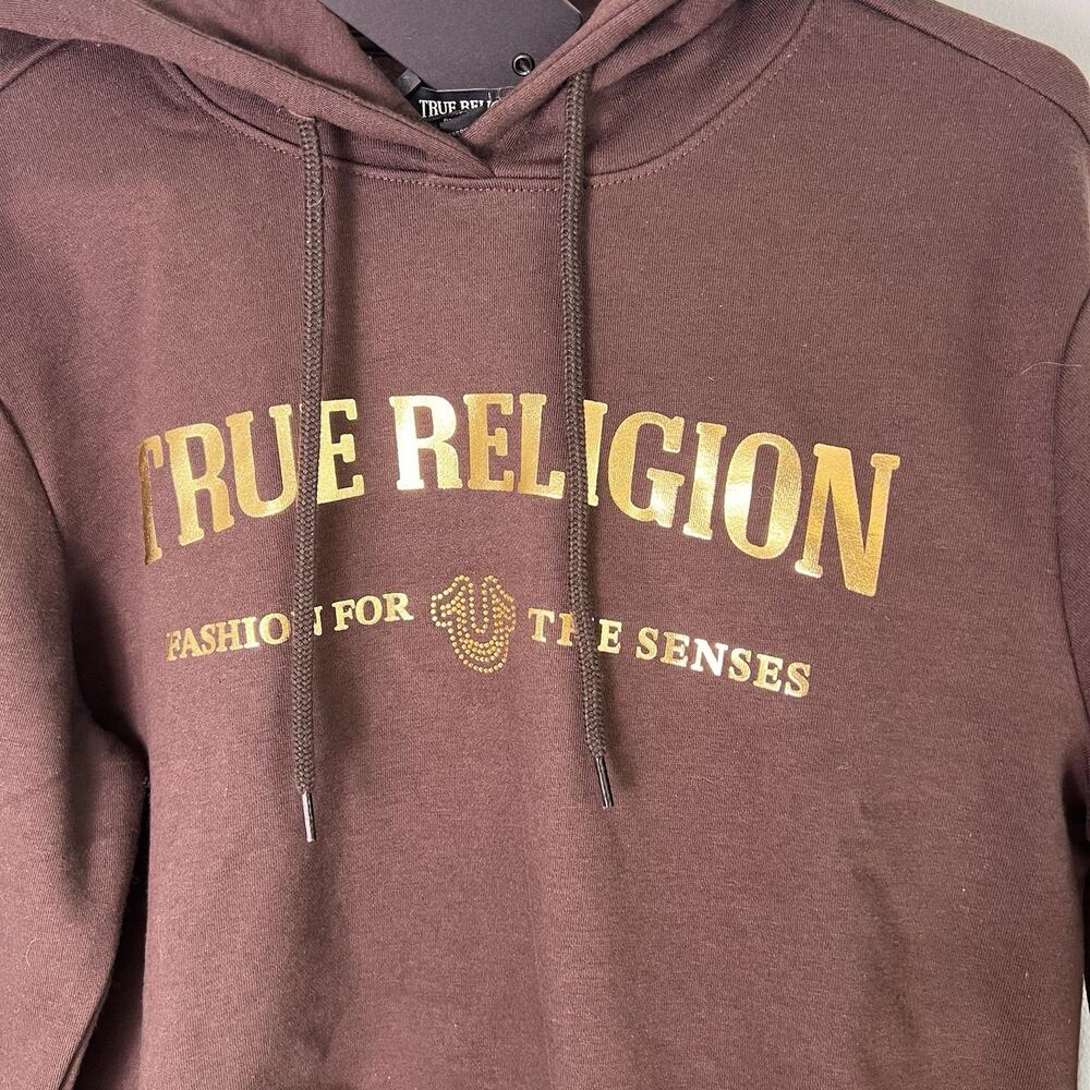 NWT True Religion Women's Brown Pullover Hoodie Sz M Spring Boho - Picture 3 of 9